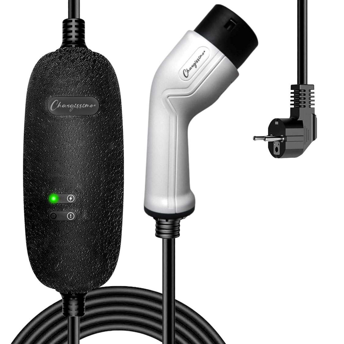 Chargeur mobile Type 2 à prise Schuko pour véhicule électrique, marque Chargissimo.